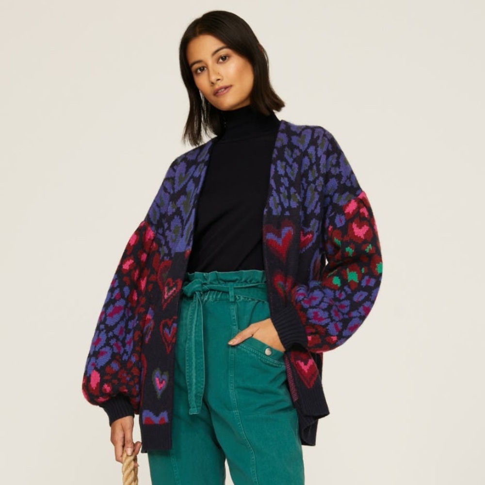 FARM Rio Ikat Multicolor Dyed Heart Pattern Cardigan XS